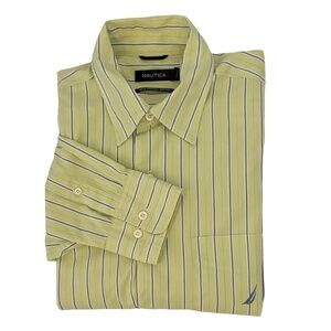 SALE Nautica 80's 2 Ply Cotton Green with Blue Stripes Shirt Size Large